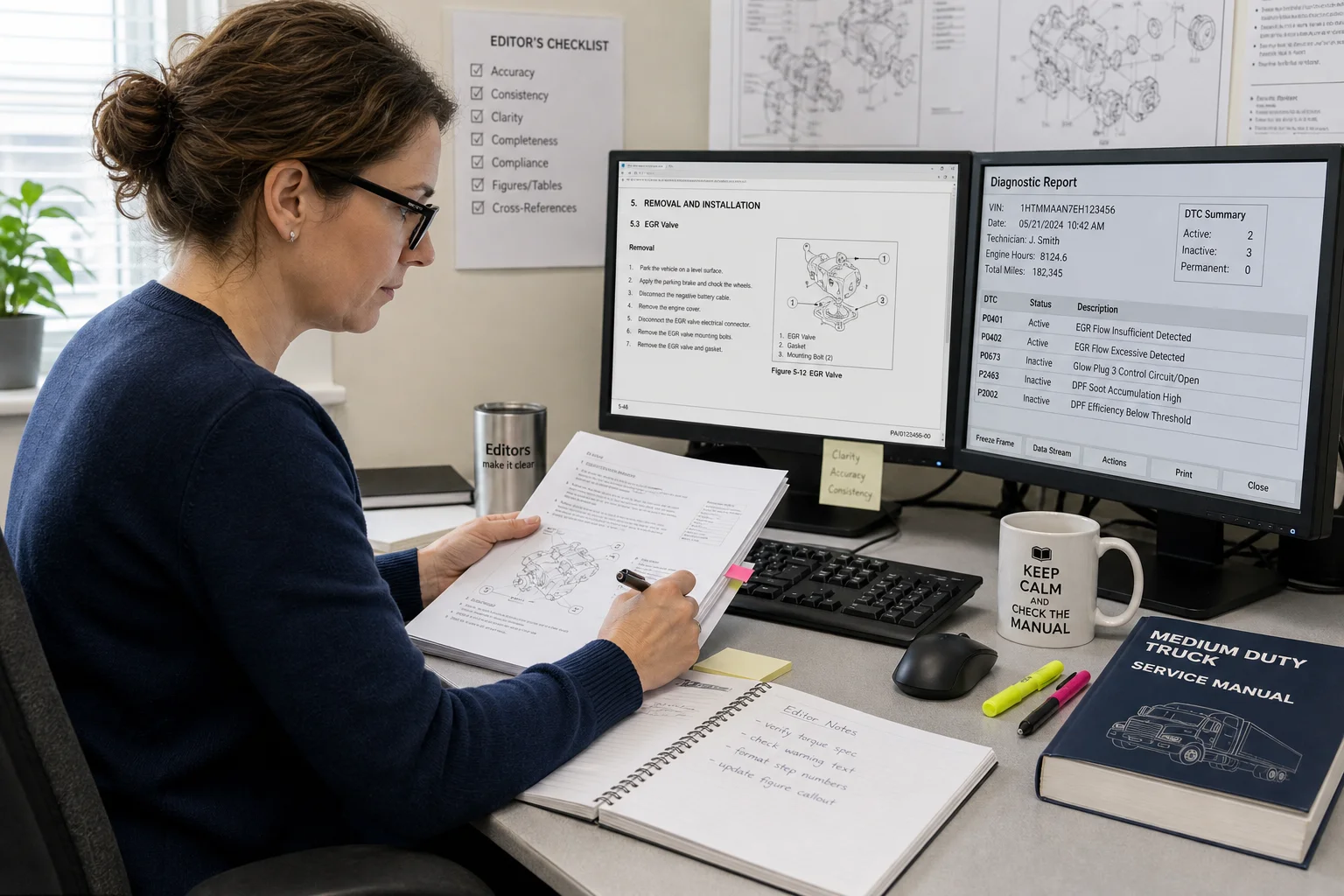 Technical editor reviewing fleet maintenance documentation at desk, 1200x800
