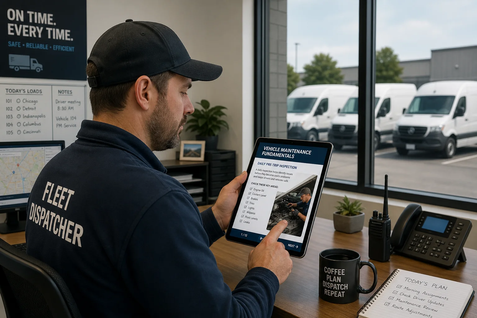 Fleet coordinator reading maintenance education on tablet in logistics office, 1200x800