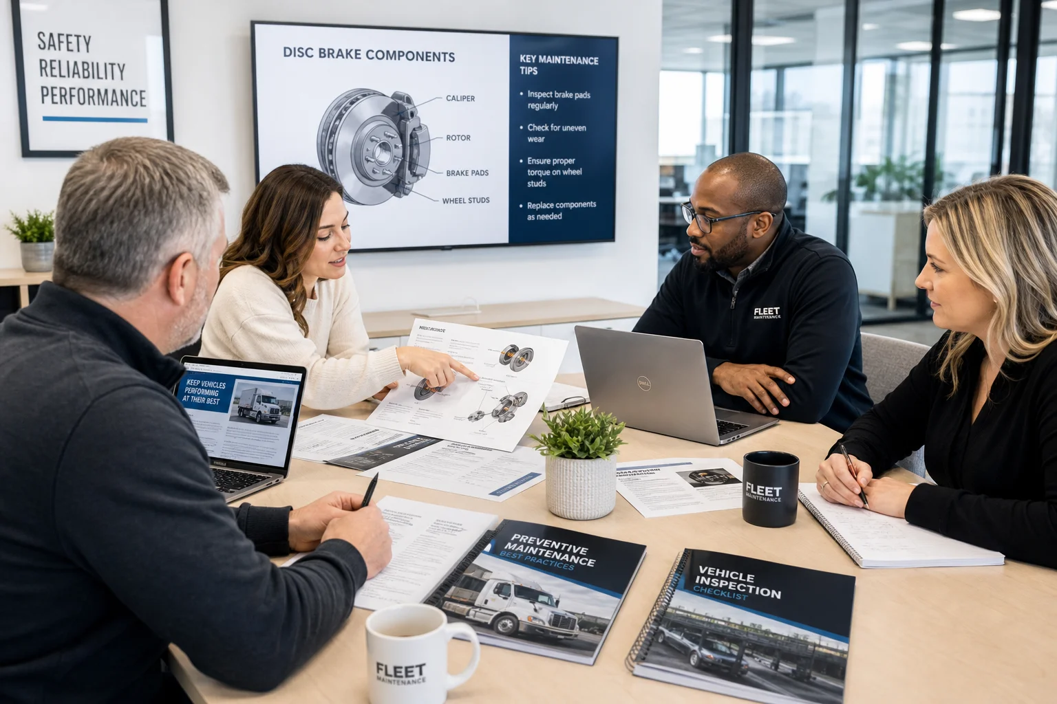 Editorial team reviewing fleet maintenance educational materials, 1920x1080