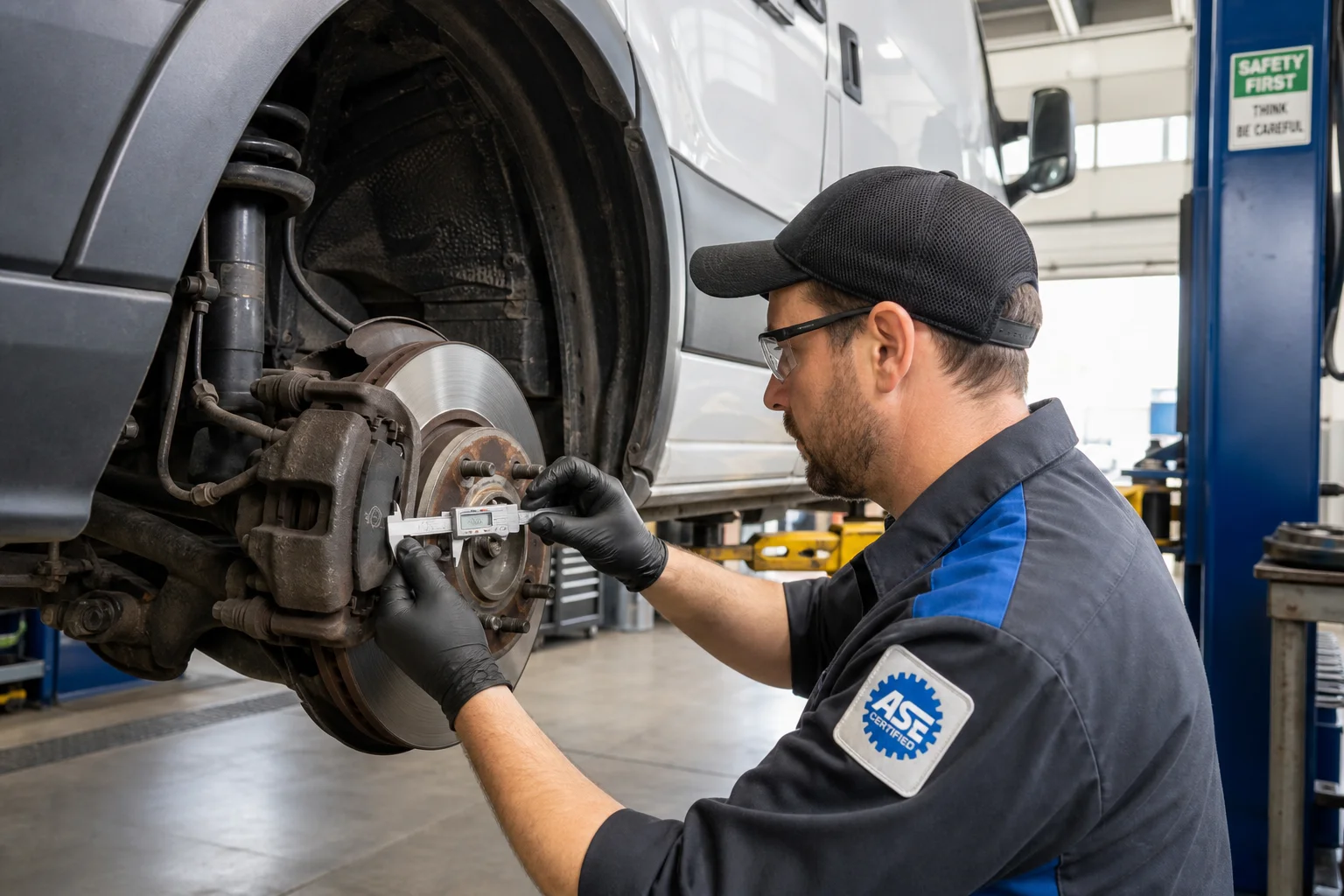Brake inspection on commercial delivery van wheel with technician measuring pad thickness, 1200x675