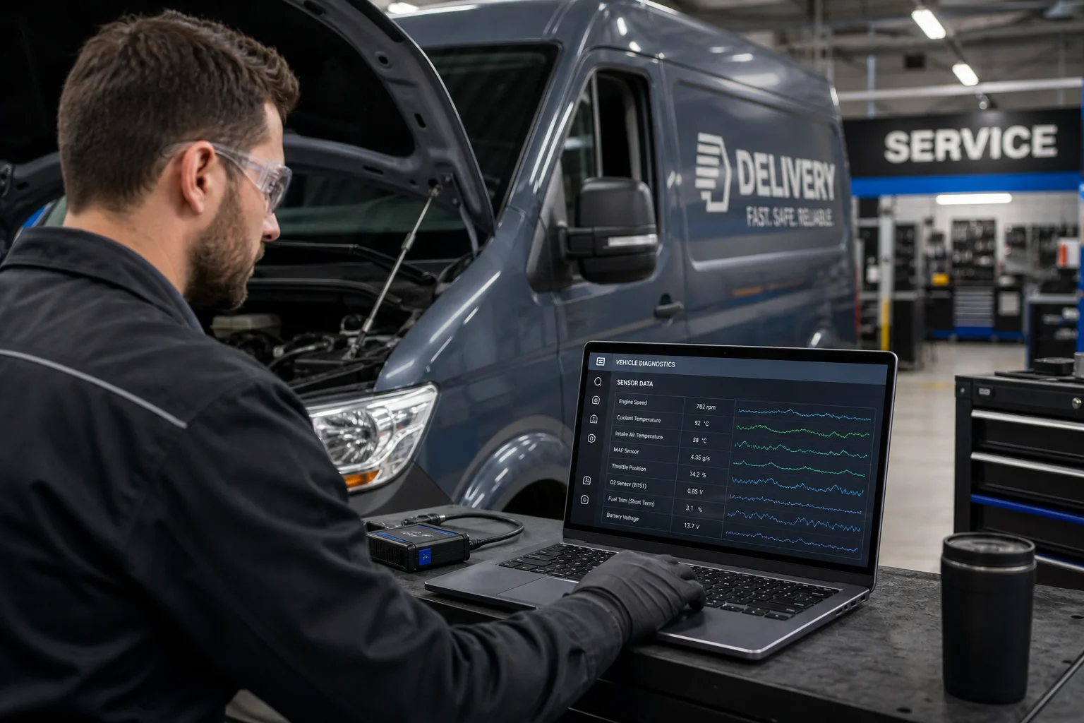 Engine diagnostics session on delivery vehicle with laptop displaying sensor data in modern service center, 1200x675