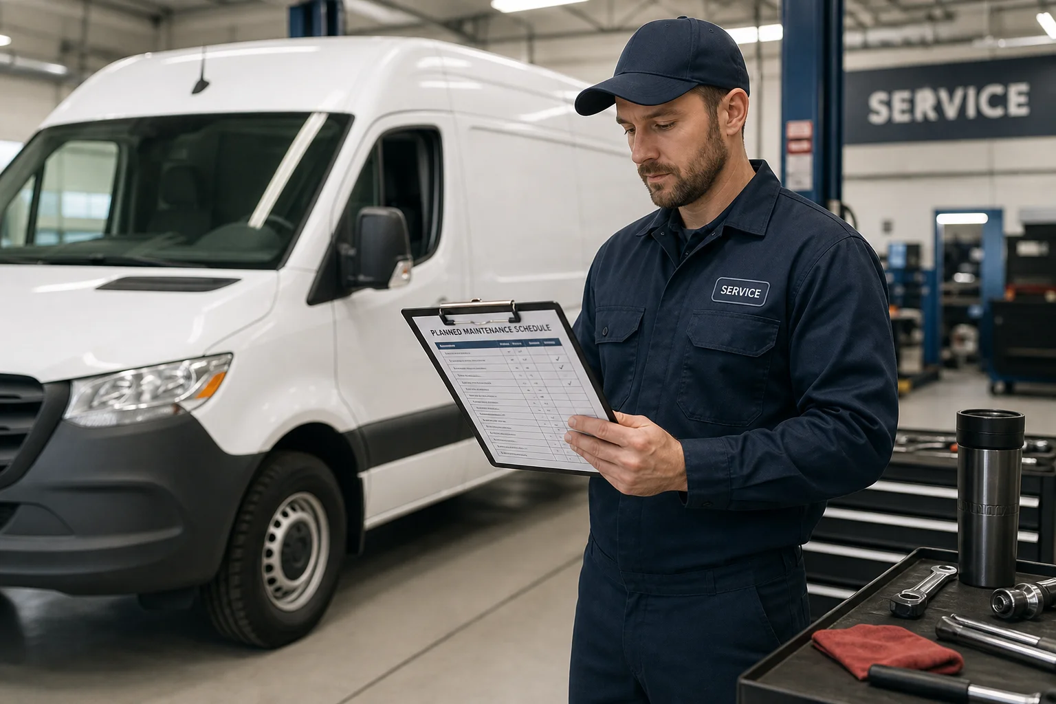 Technician reviewing planned maintenance schedule clipboard beside delivery van in bright service bay, 1200x675