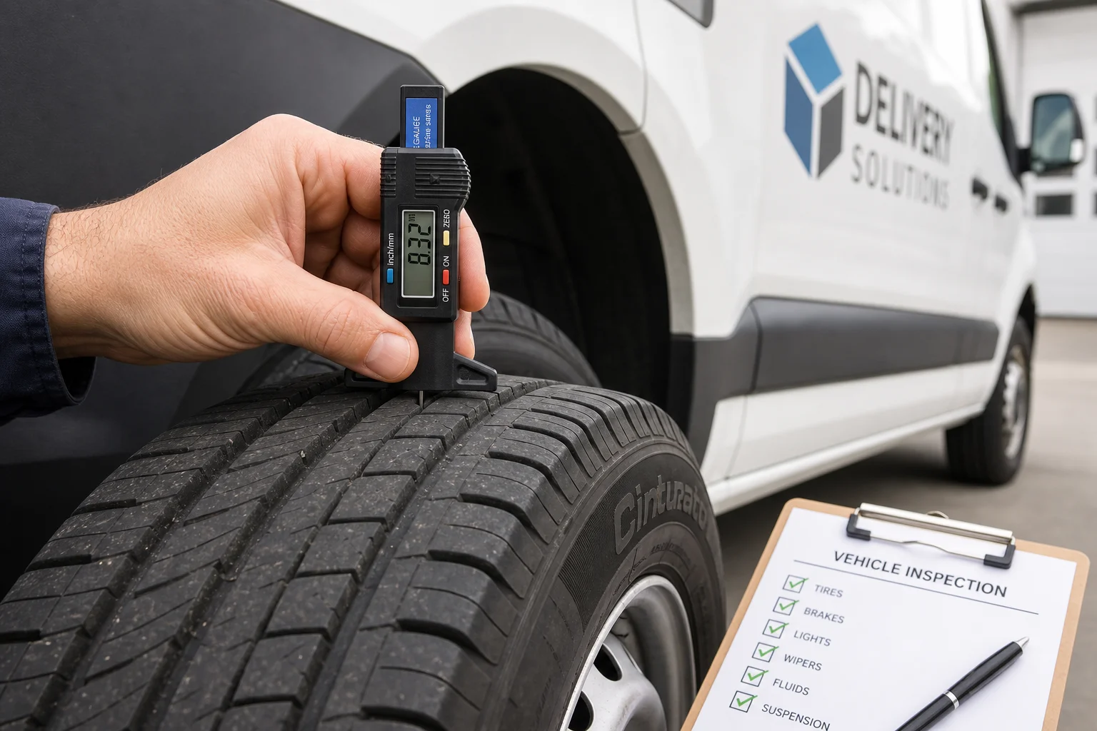 Tire tread depth measurement on delivery van tire with gauge tool during fleet inspection, 1200x675
