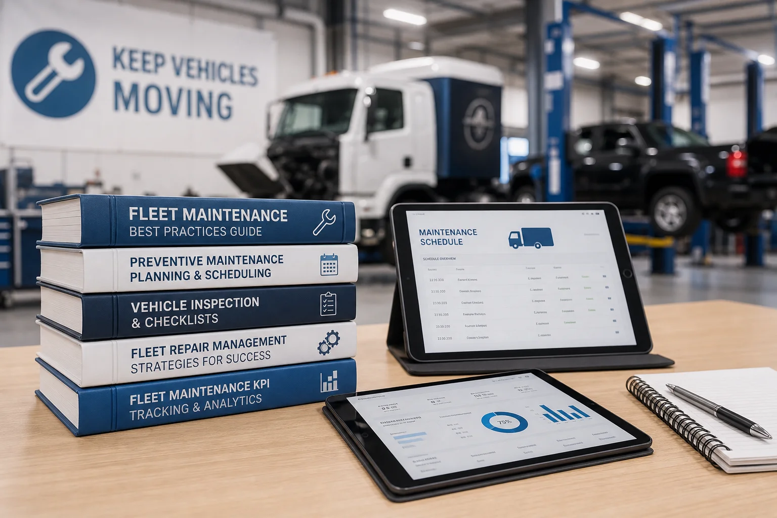 Educational fleet maintenance guides on desk in service center, 1920x1080